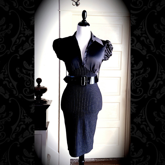 Sexy Pinstripe Pinup Vintage Pencil Dress - Picture 2 of 5